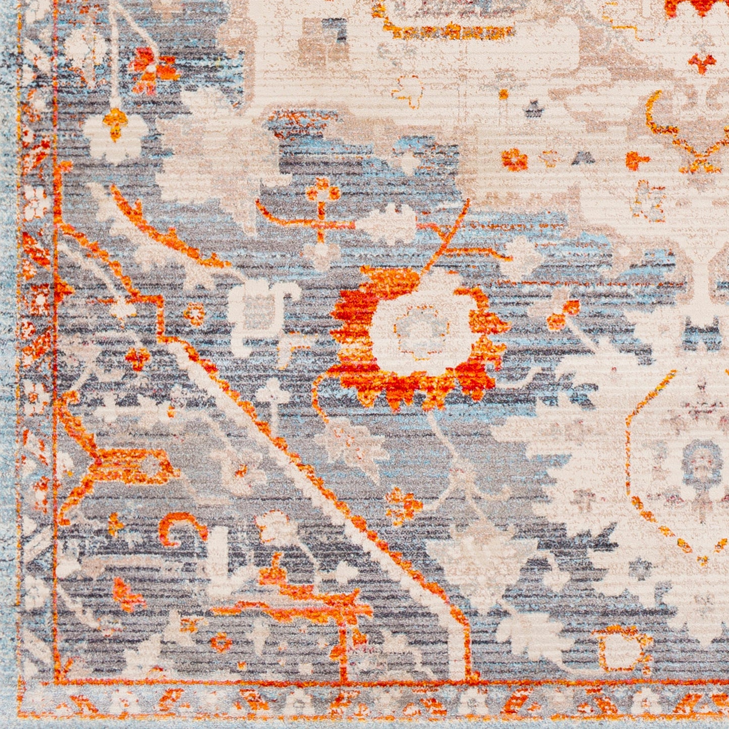 009 91511-36431,91511-36432,91511-43474 | Closeup | Ephesians Rug - 21450 by Livabliss in burnt orange, red, light blue, rose, saffron, beige. Made from 100% polyester in a unique style.
