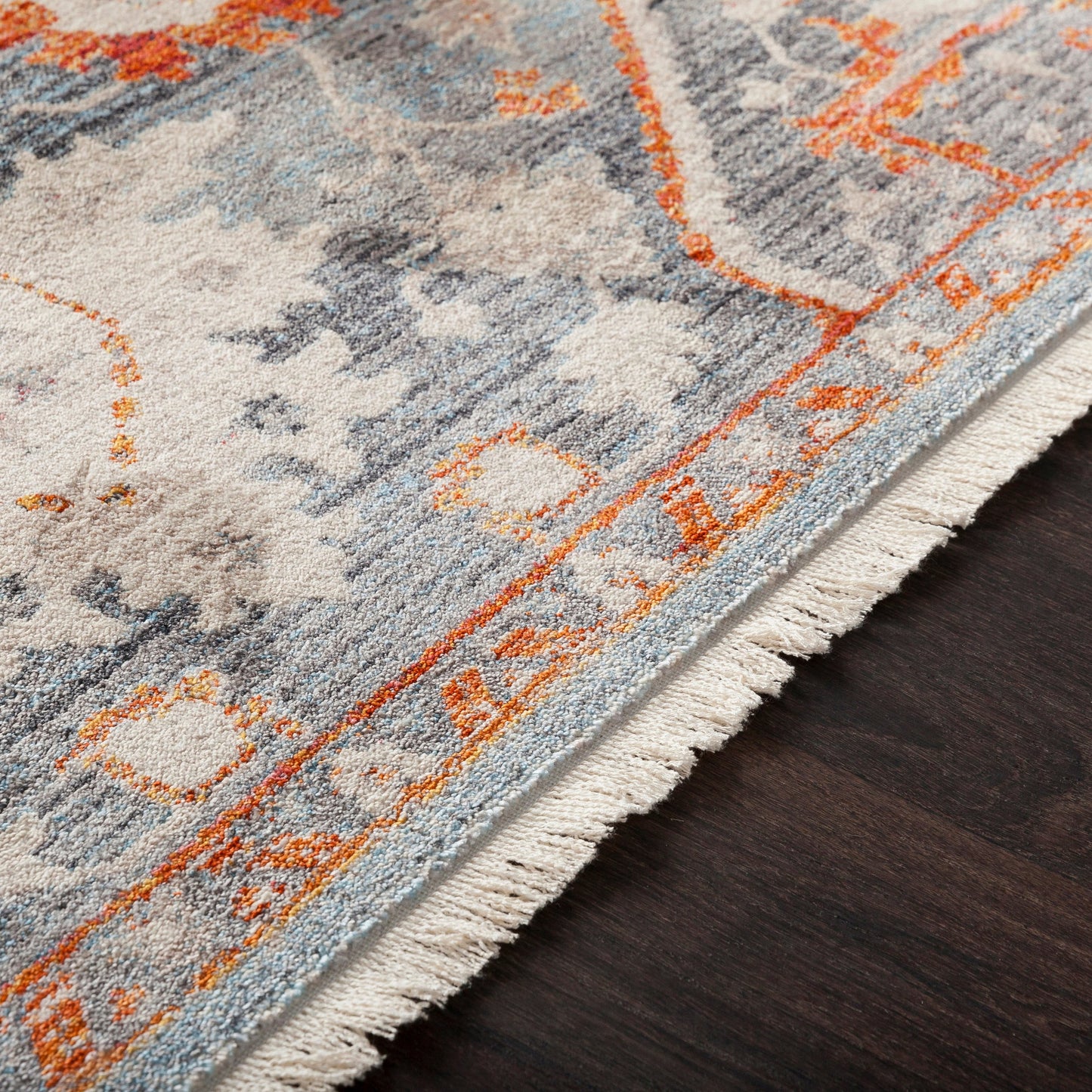 006 91511-36431,91511-36432,91511-43474 | Closeup | Ephesians Rug - 21450 by Livabliss in burnt orange, red, light blue, rose, saffron, beige. Made from 100% polyester in a unique style.