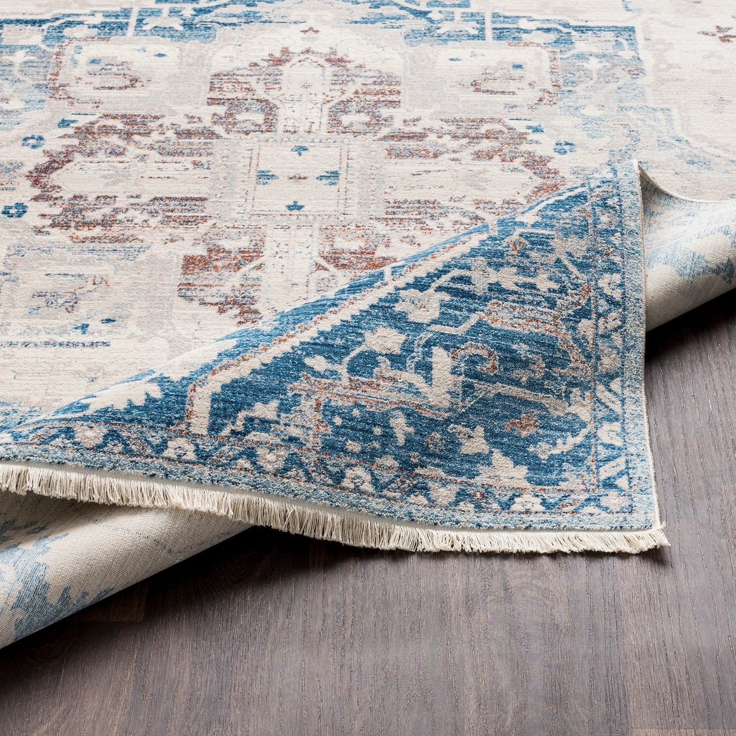 012 91512-36427,91512-36428 | Closeup | Ephesians EPC-2314 Rug by Livabliss in blue, beige, tan, burnt orange, red. Made from 100% polyester in a unique style.