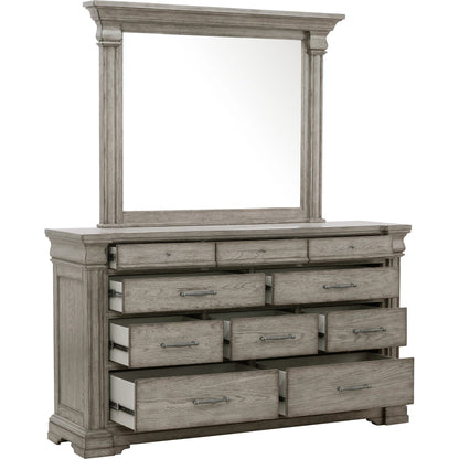 Madison Ridge Dresser/Mirror by Pulaski Furniture in bluff grey. Made from asian hardwood, oak veneers in a traditional style.