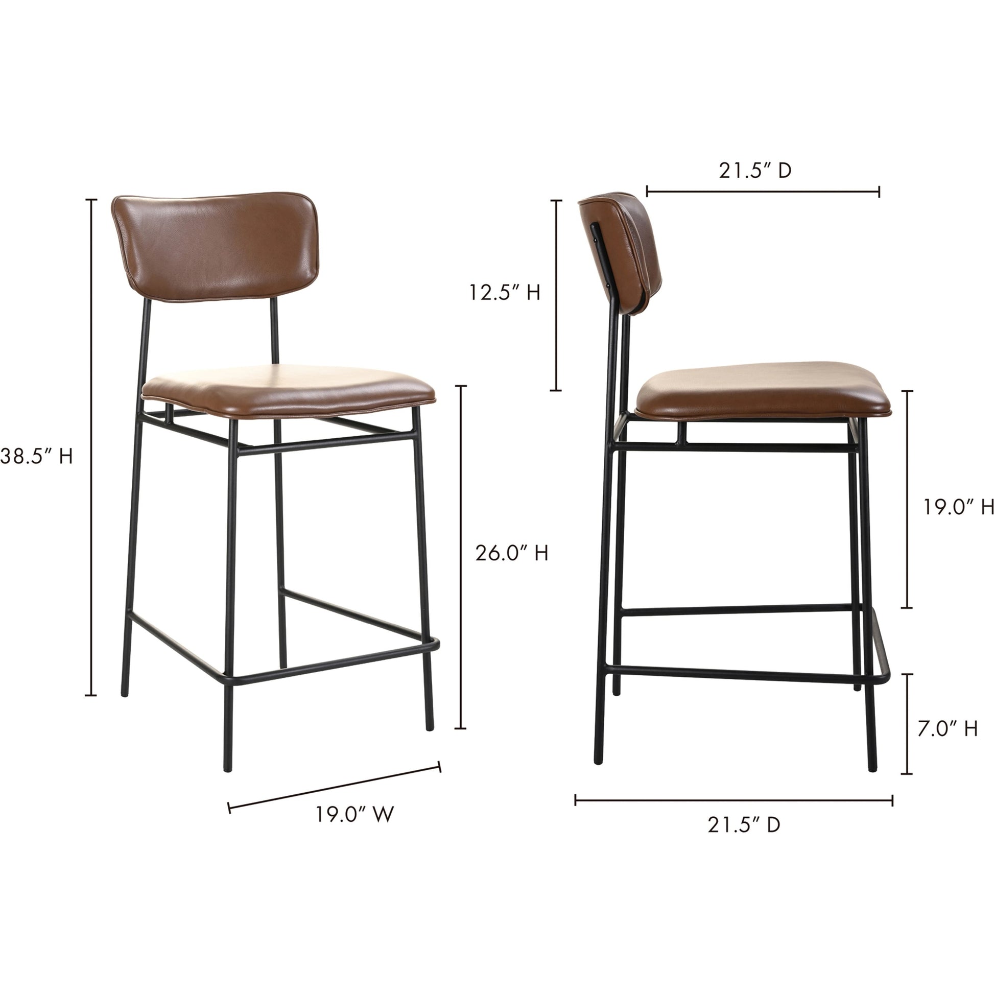 Sailor Counter Stool by Moe's Home Collection in brown. Made from upholstery: 100% top grain leather, powder-coated metal frame, plywood, foam padding in a transitional style.