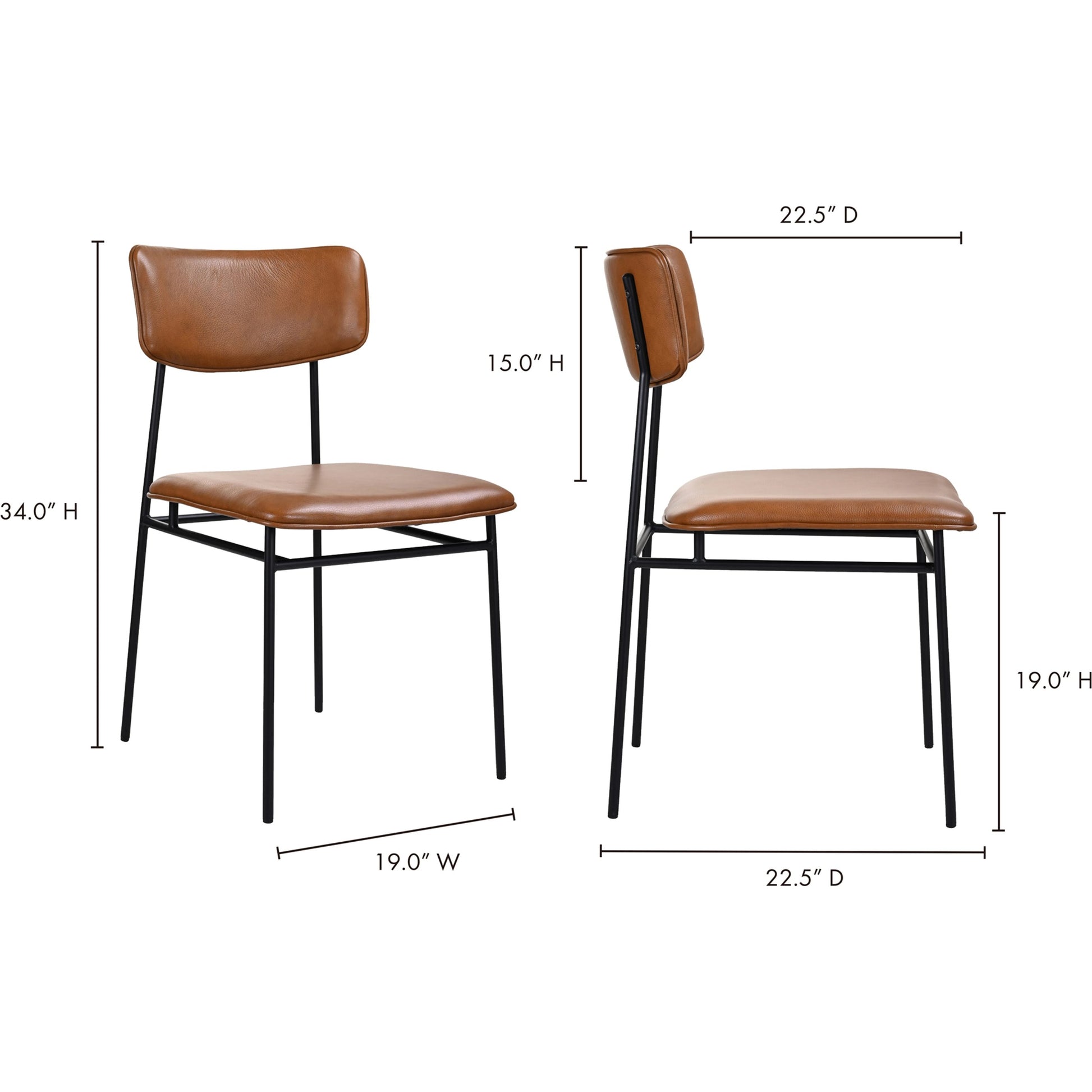 Sailor Dining Chair (Set of 2) by Moe's Home Collection in brown. Made from upholstery: 100% top grain leather, powder-coated metal frame, plywood, foam padding in a transitional style.