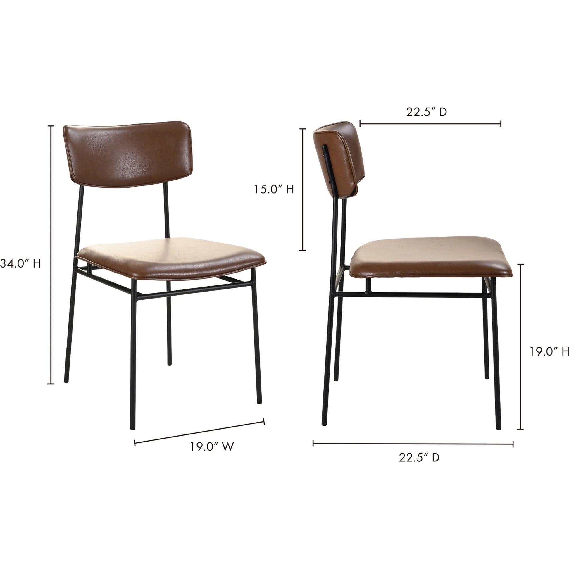 Sailor Dining Chair (Set of 2) by Moe's Home Collection in brown. Made from upholstery: 100% top grain leather, powder-coated metal frame, plywood, foam padding in a transitional style.
