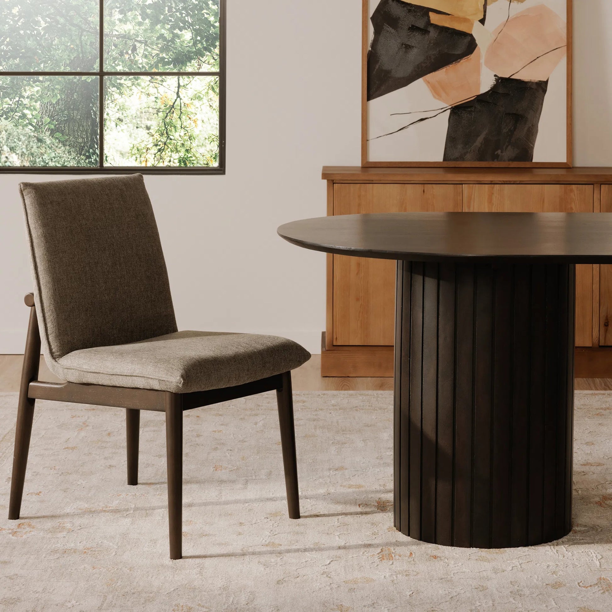 Charlie Dining Chair (Set of 2) by Moe's Home Collection in dark brown. Made from upholstery: 95% polyester, 5% nylon, rubber wood base, zig, zag spring, foam padding in a modern style.