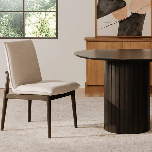 Charlie Dining Chair (Set of 2) by Moe's Home Collection in dark brown. Made from upholstery: 95% polyester, 5% nylon, rubber wood base, zig, zag spring, foam padding in a unique style.