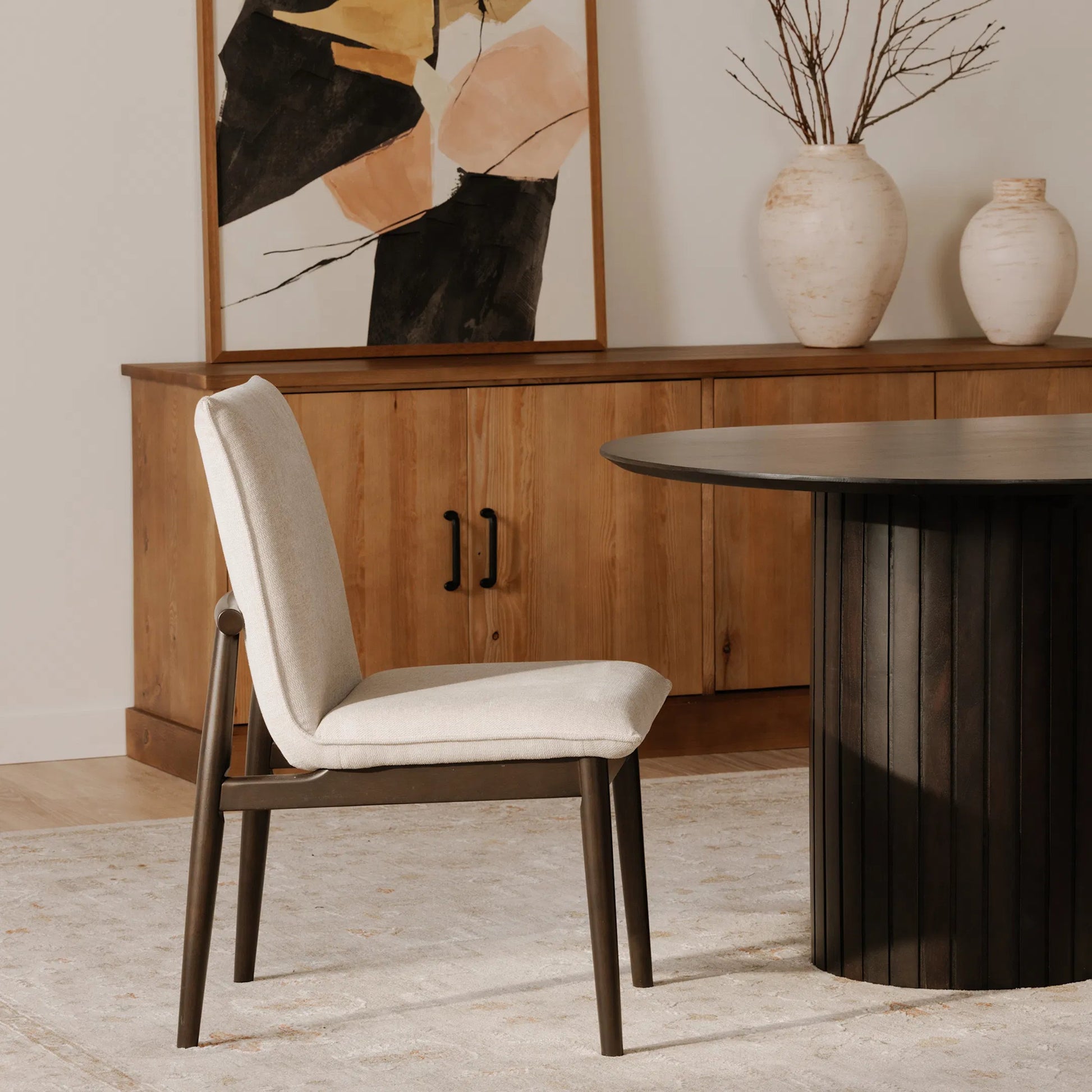 Charlie Dining Chair (Set of 2) by Moe's Home Collection in dark brown. Made from upholstery: 95% polyester, 5% nylon, rubber wood base, zig, zag spring, foam padding in a modern style.