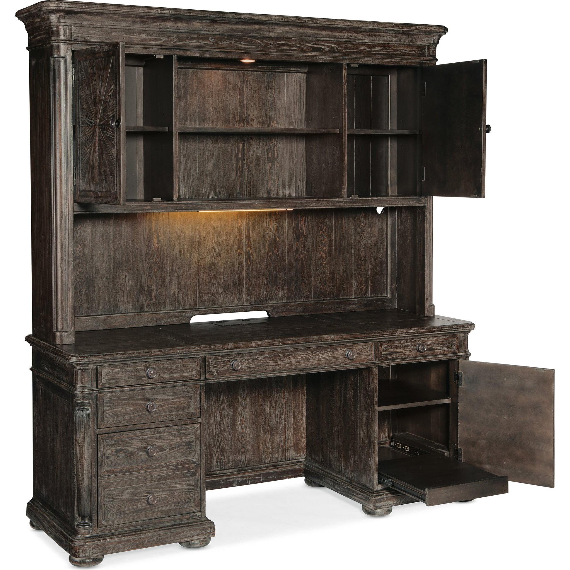 Traditions Computer Credenza Hutch by Hooker Furniture in dark wood. Made from pine, oak veneers with tempered glass in a traditional style.