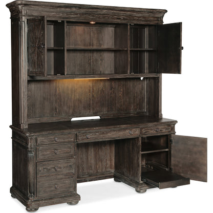 Traditions Computer Credenza Hutch by Hooker Furniture in dark wood. Made from pine, oak veneers with tempered glass in a traditional style.
