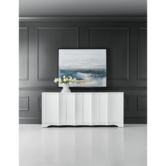 Melange Corinth Entertainment Console by Hooker Furniture in white plaster. Made from painted wood in a modern style.