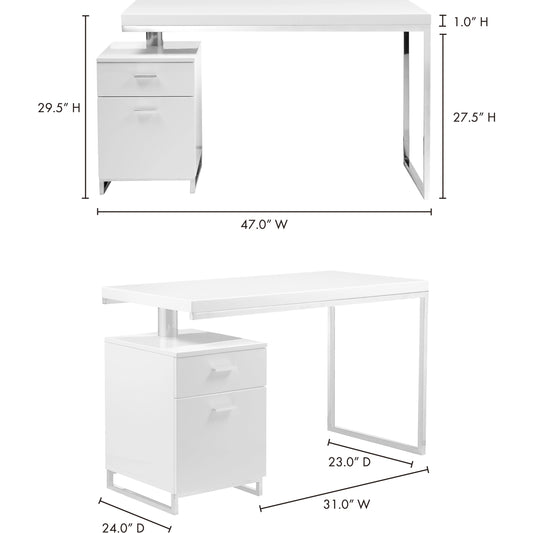 Martos Desk by Moe's Home Collection in white. Made from lacquered mdf, brushed stainless steel frame in a modern style.
