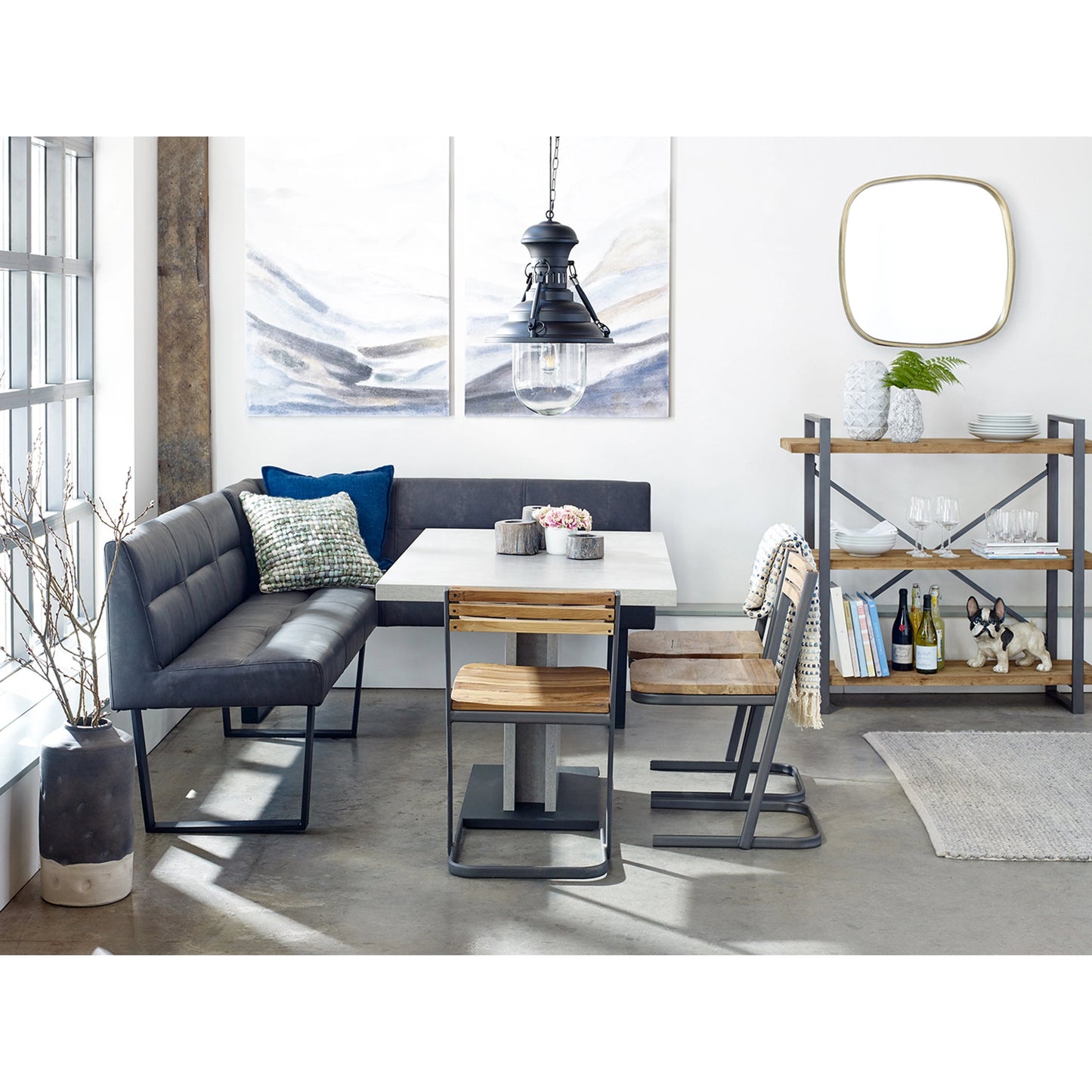 005 SI-2121929 | Lifestyle | Hanlon Dining Table by Moe's Home Collection in light grey. Made from concrete-look melamine over mdf, metal frame, powder-coated iron base in a modern style.