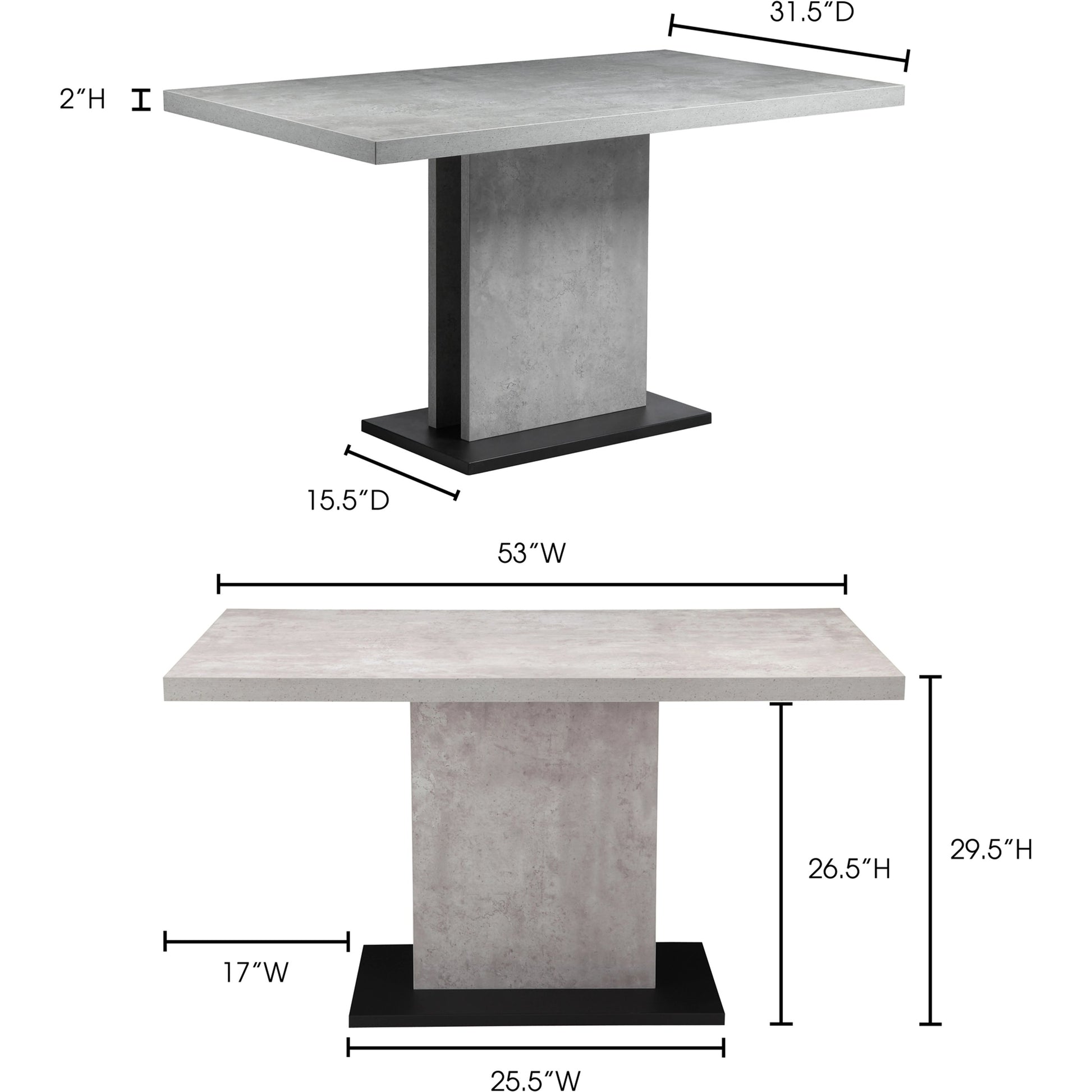Hanlon Dining Table by Moe's Home Collection in light grey. Made from concrete-look melamine over mdf, metal frame, powder-coated iron base in a modern style.