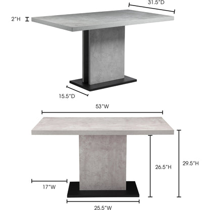 Hanlon Dining Table by Moe's Home Collection in light grey. Made from concrete-look melamine over mdf, metal frame, powder-coated iron base in a modern style.