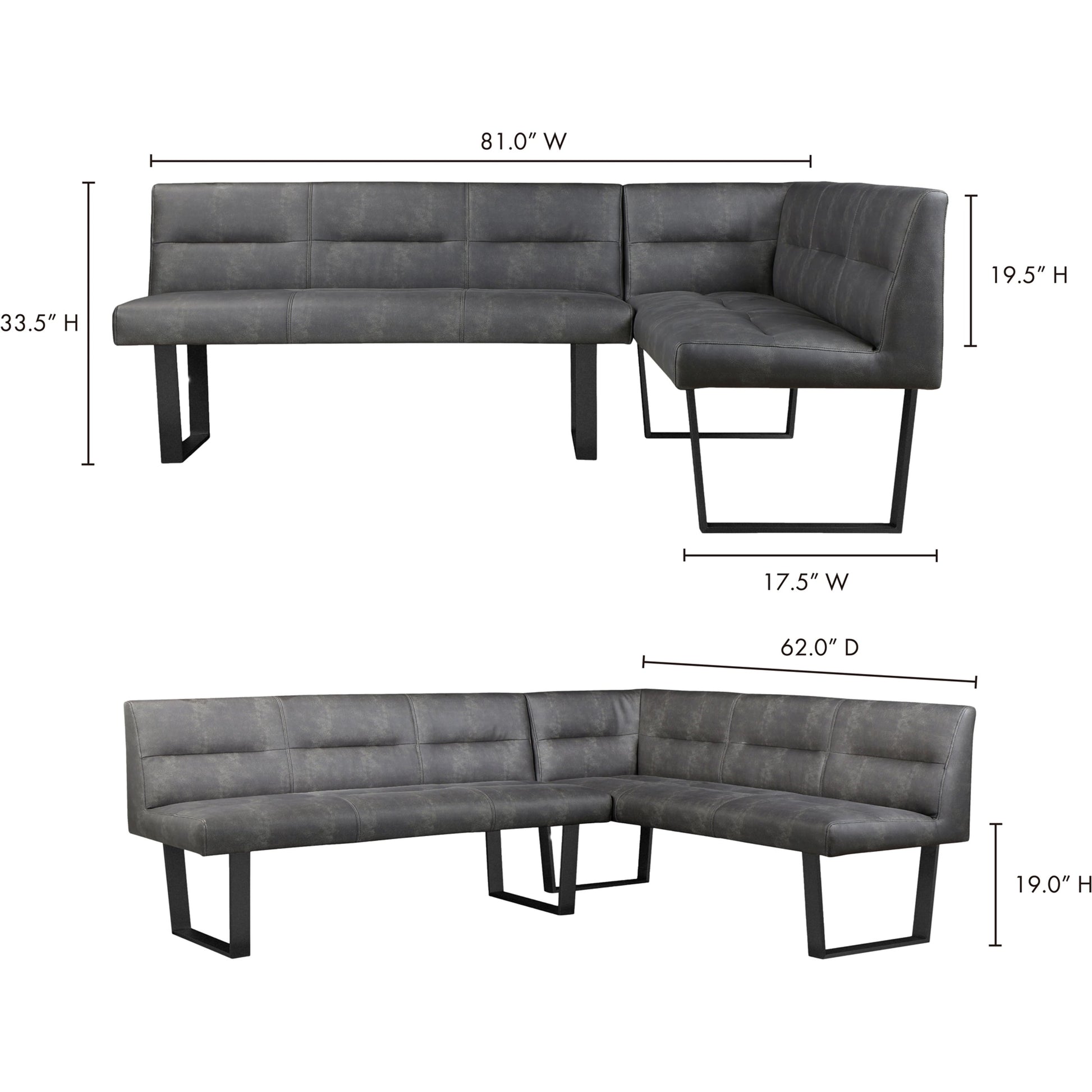 Hanlon Corner Bench by Moe's Home Collection in grey. Made from upholstery: 100% polyester, powder coated iron legs in a modern style.