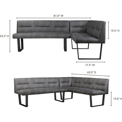 Hanlon Corner Bench by Moe's Home Collection in grey. Made from upholstery: 100% polyester, powder coated iron legs in a modern style.