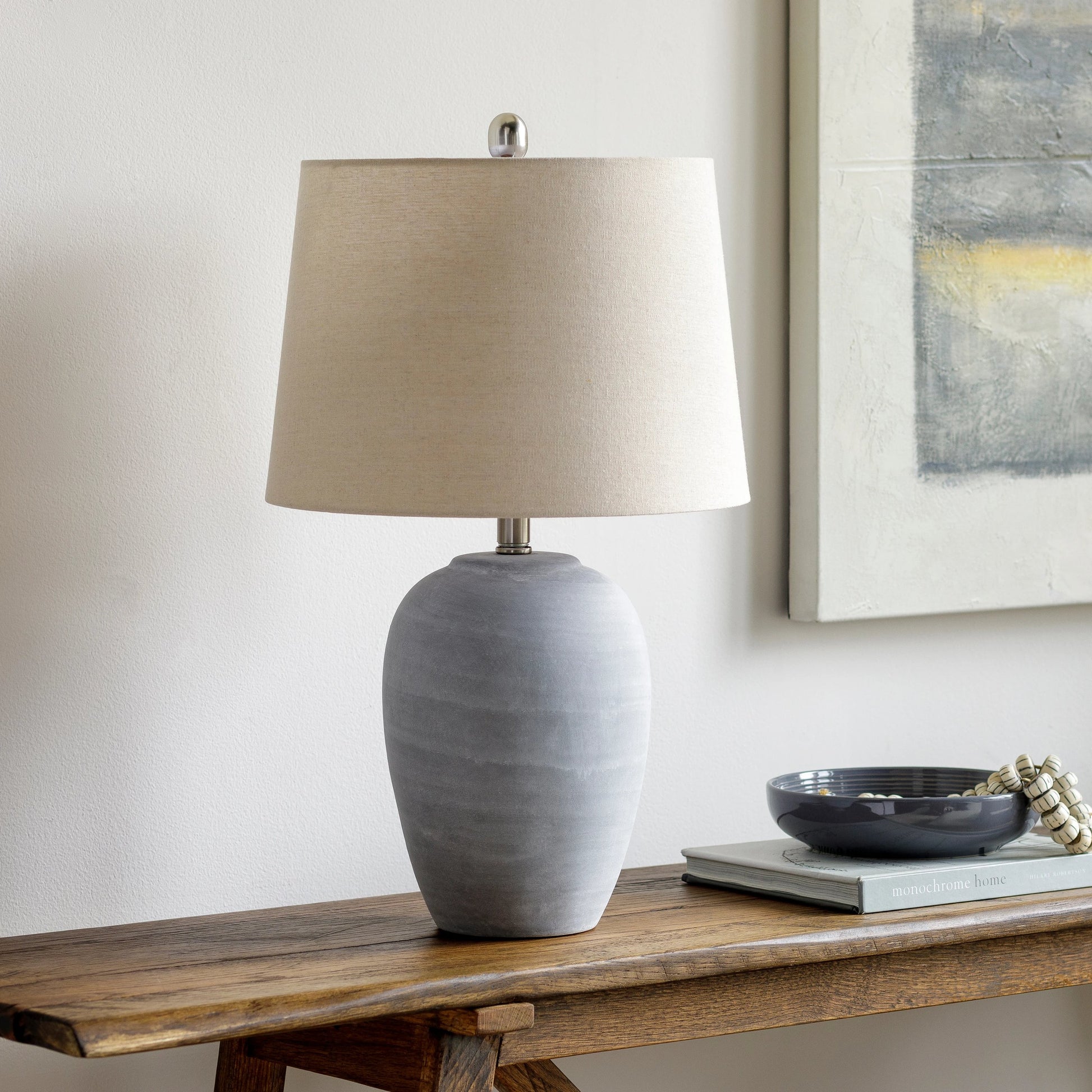 Matera - 30904 by Livabliss in body: gray, shade (outside): beige, shade (inside): white, finial: metallic - nickel, harp: metallic - nickel, cord: translucent and antiquedbrushed. Made from shade (outside): linen, shade (insid