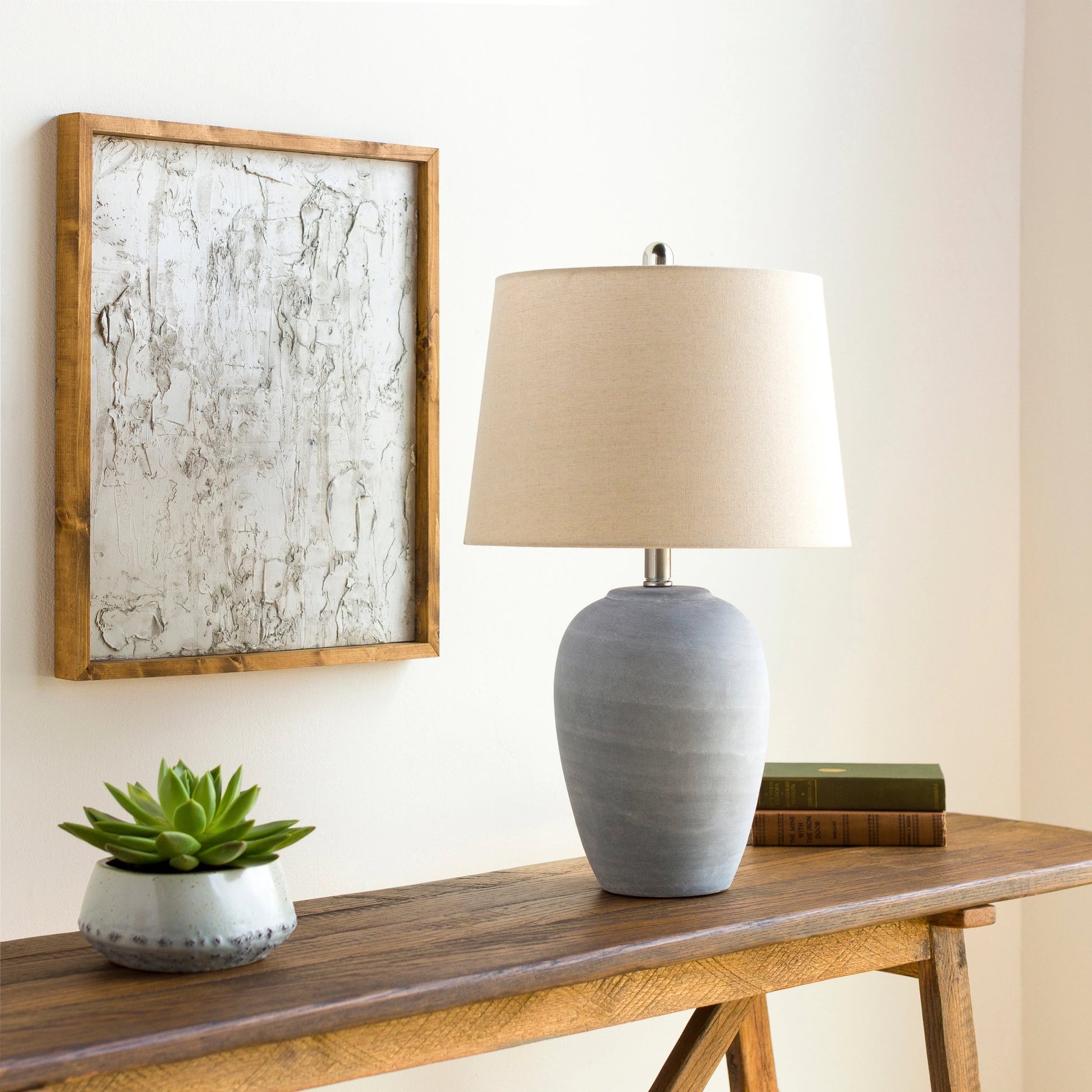Matera - 30904 by Livabliss in body: gray, shade (outside): beige, shade (inside): white, finial: metallic - nickel, harp: metallic - nickel, cord: translucent and antiquedbrushed. Made from shade (outside): linen, shade (insid