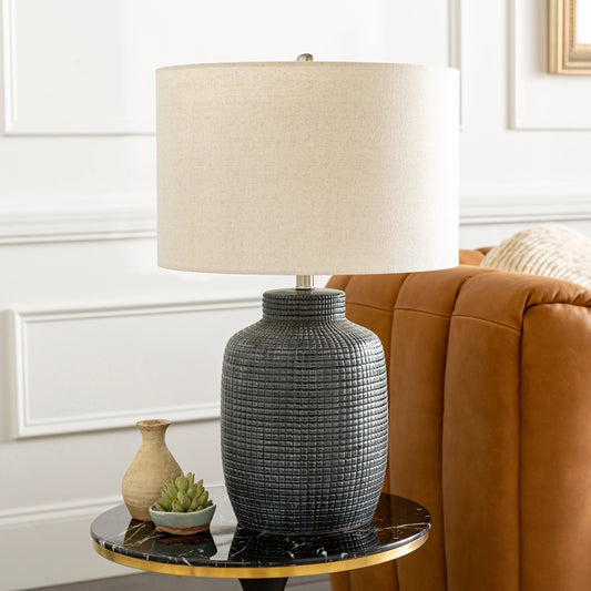 Brie - 31881 by Surya in glazedpolished. Made from shade (outside): linen, shade (inside): polyester, body: ceramic, finial: metal, harp: metal in a modern style.