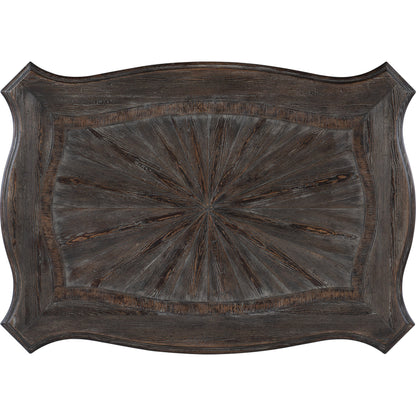 Traditions Vintage Rectangle Cocktail Table by Hooker Furniture in dark wood. Made from pine, oak, maple veneers with resin, solid-wood edge top in a cottage & farmhouse style.