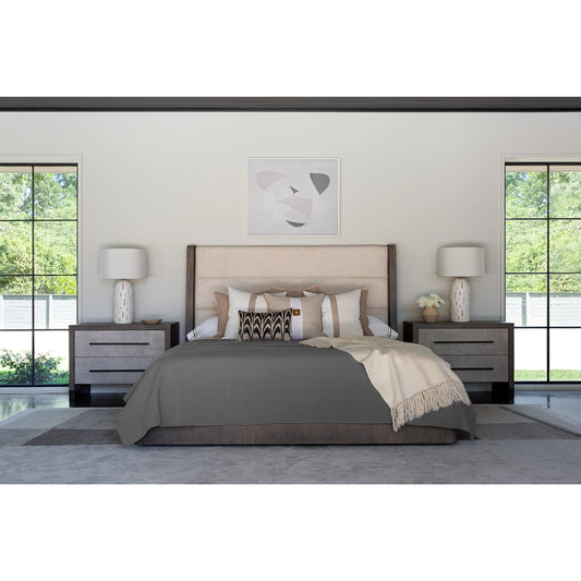 Erinn V X Universal Morada Bed by Universal Furniture in crossover sand white and weathered oak. Made from 84% polyester, 7% acrylic, 7% linen, 2% wool in a modern style.