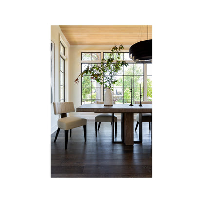 Erinn V X Universal Loleta Side Chair by Universal Furniture in endurance sand, crossover sand white and dark walnut, antique satin brass. Made from 84% polyester, 7% acrylic, 7% linen, 2% wool in a modern style.