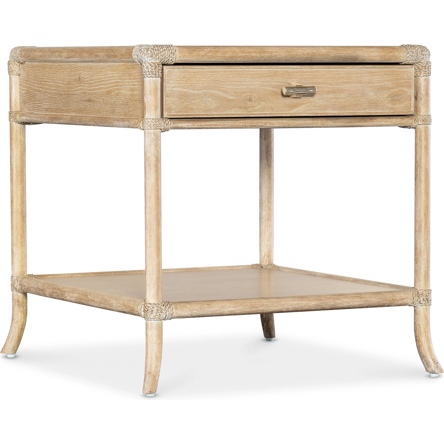001 SI-2133730 | Primary Silo | Retreat Pole Rattan End Table by Hooker Furniture in dune. Made from oak, maple veneers with rope in a cottage & farmhouse style.