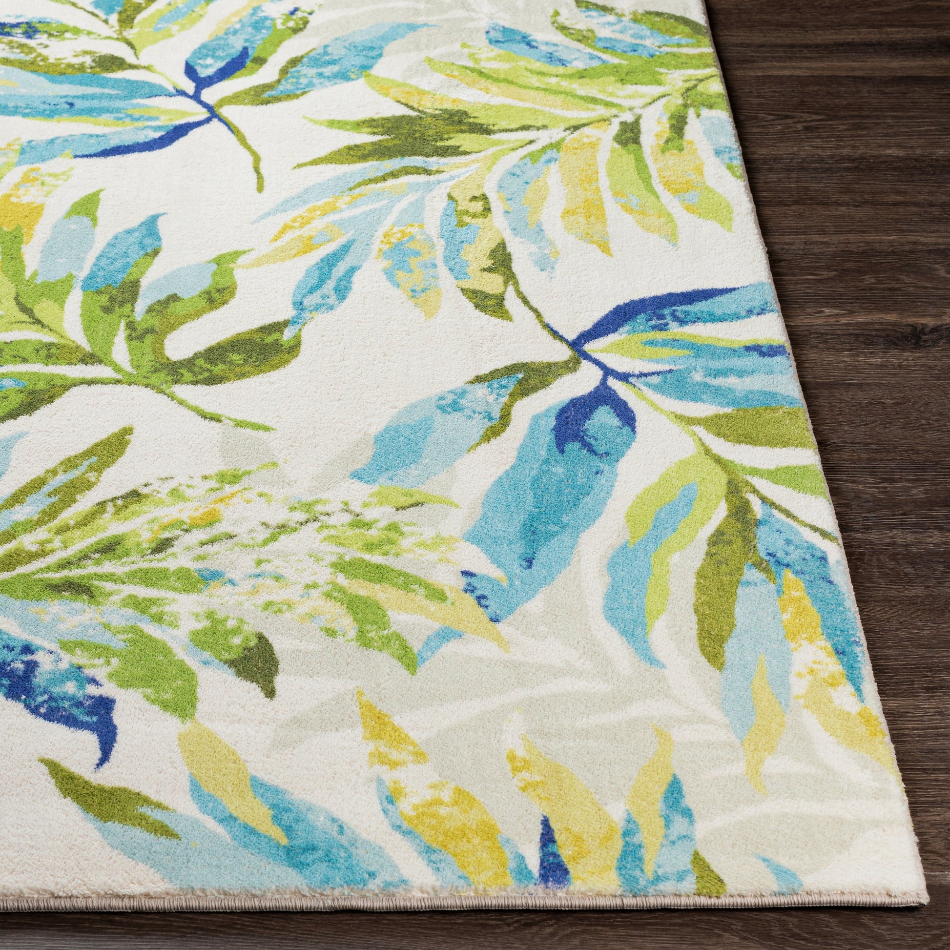 Erin Rug by Livabliss in cream, blue, mustard, olive, aqua. Made from 100% polyester in a modern style.