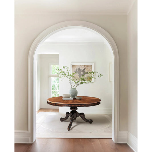 Hattie Round Dining Table 60" by Jonathan Charles in medium crotch walnut. Made from main cerejeira veneer in a unique style.