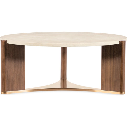 Eleana Round Cocktail Table by Hooker Furniture in light caramel, quartered walnut veneers, marble. Made from walnut veneers, marble in a modern style.