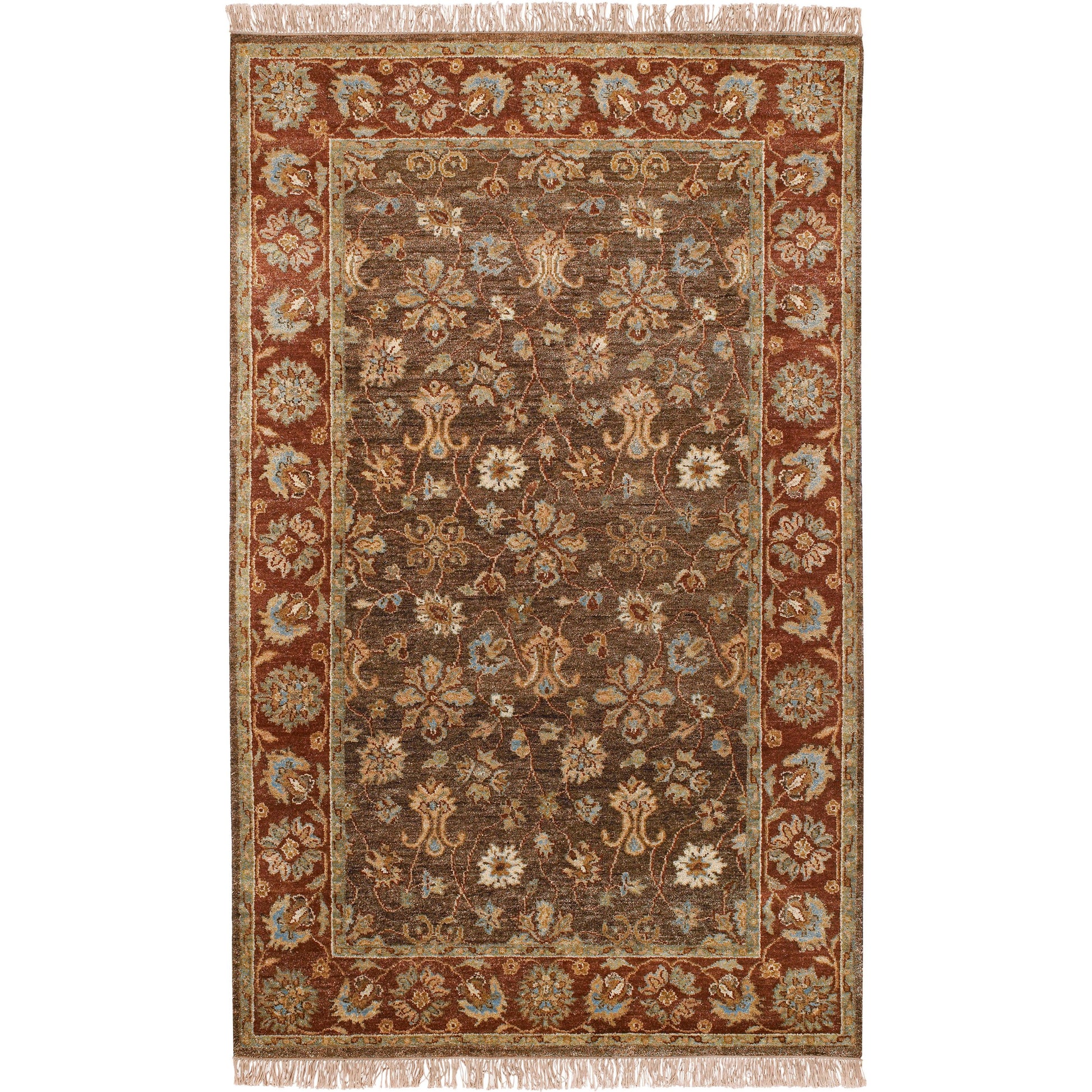 Estate Rug - 61 by Surya in dark brown, rust, brown, dusty sage, mustard. Made from 100% hand spun new zealand wool in a unique style.