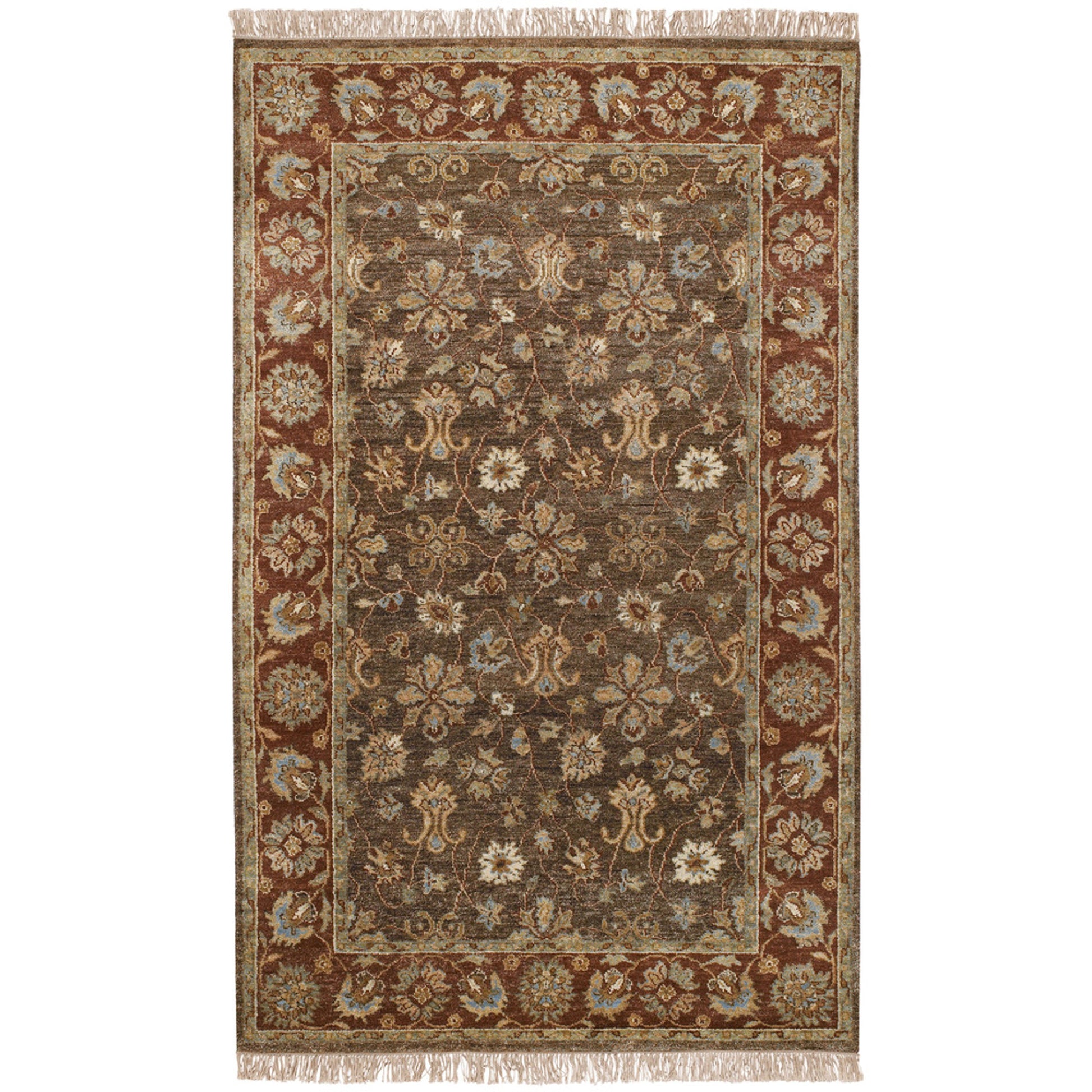 Estate Rug - 61 by Surya in dark brown, rust, brown, dusty sage, mustard. Made from 100% hand spun new zealand wool in a unique style.