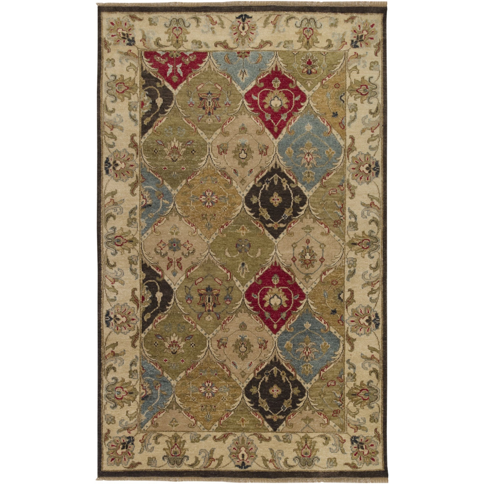 Estate Rug - 6001 by Surya in wheat, medium green, dark red, dark brown, light brown. Made from 100% hand spun new zealand wool in a unique style.