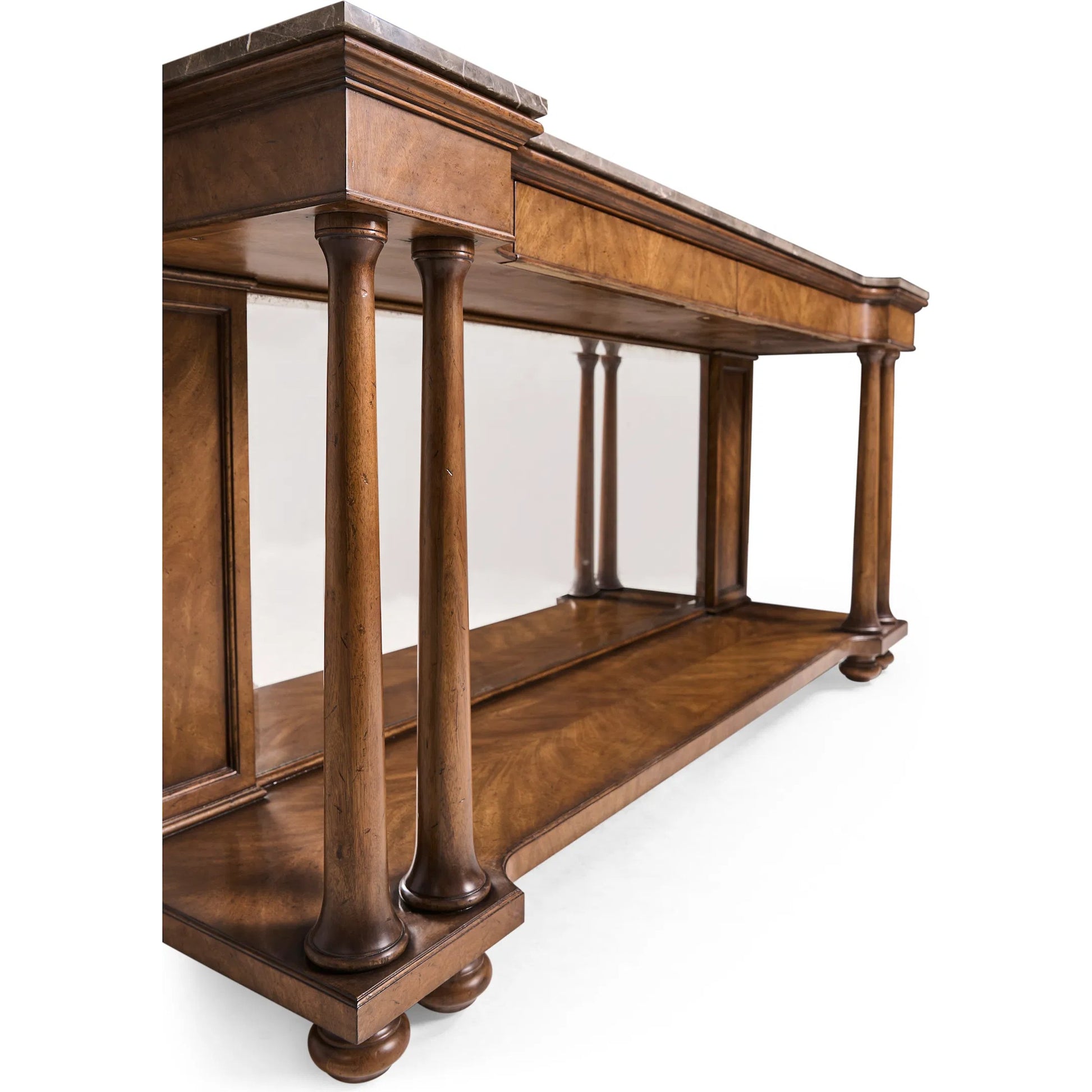 Hattie Mirrored Console Table by Jonathan Charles in medium crotch walnut. Made from main cerejeira veneer in a unique style.