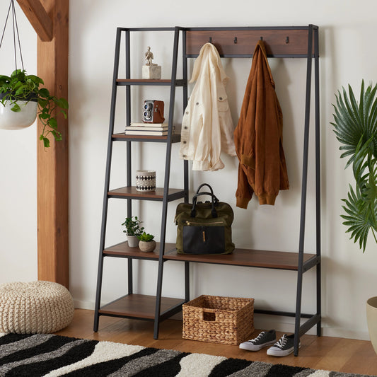 Akasha Etagere by Safavieh in walnut, black. Made from melamine board in a modern style.