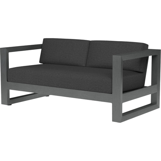 Redondo Outdoor Loveseat by Sunset West in grays. Made from aluminum in a modern style.