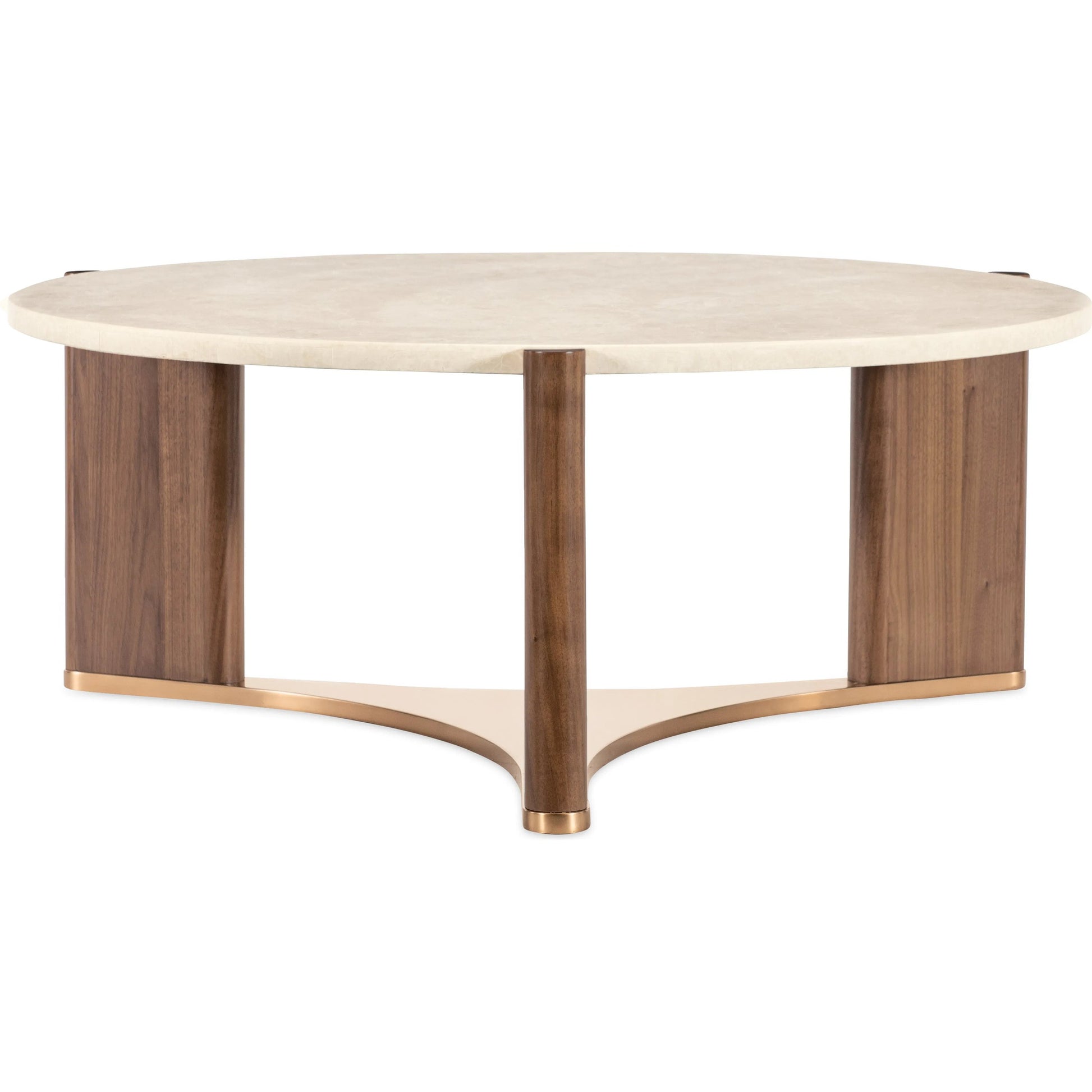 Eleana Round Cocktail Table by Hooker Furniture in light caramel, quartered walnut veneers, marble. Made from walnut veneers, marble in a modern style.