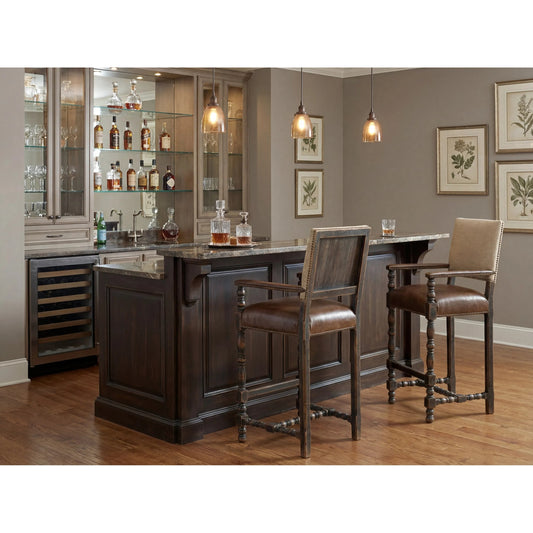 Comfort Bar Stool by Hooker Furniture in brown and anthracite black. Made from fabric, leather in a traditional style.