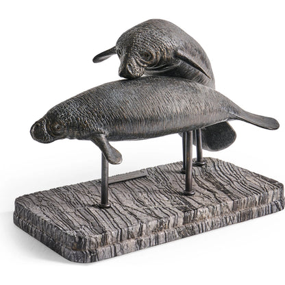 Raised Manatee Bronze Statue with Marble Base by Jonathan Charles in dark rustic waxed bronze. Made from main brass in a unique style.