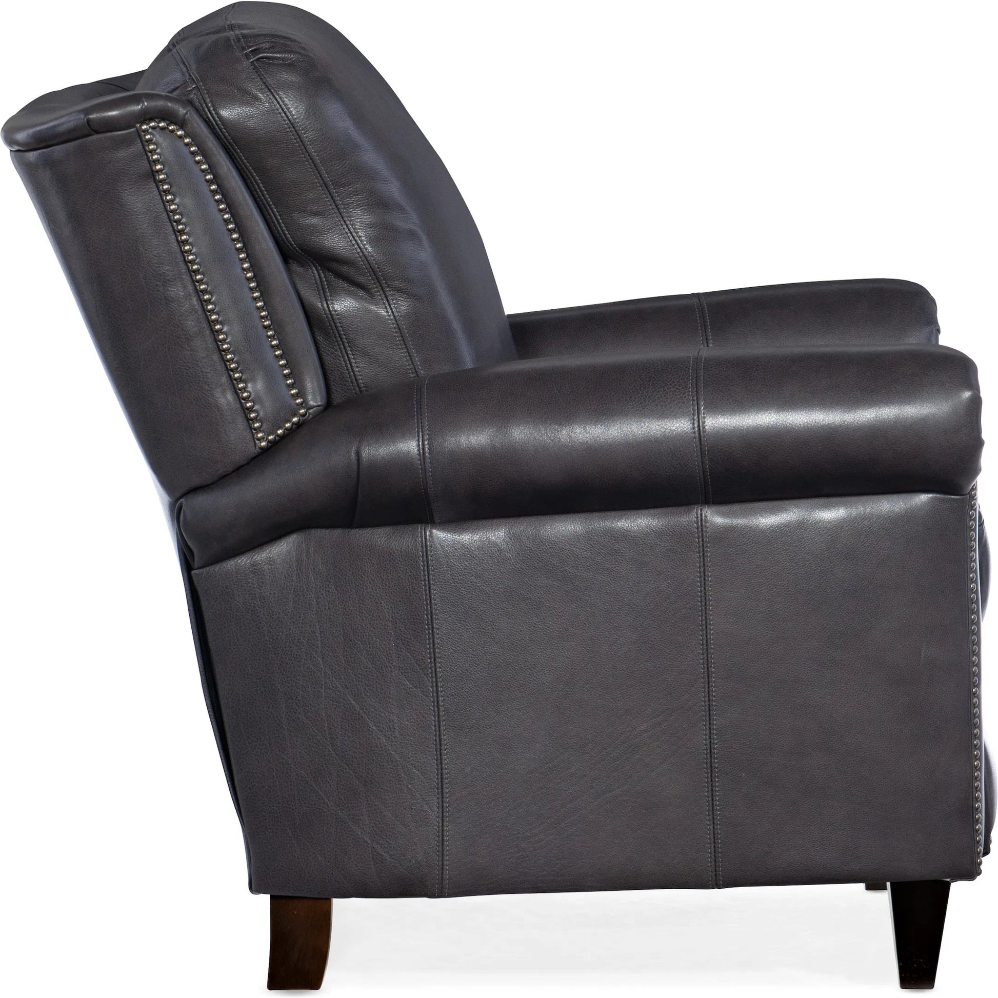 Richardson High Leg Reclining Lounger by Bradington-Young by Hooker Furniture in charcoal and plantation. Made from leather in a unique style.
