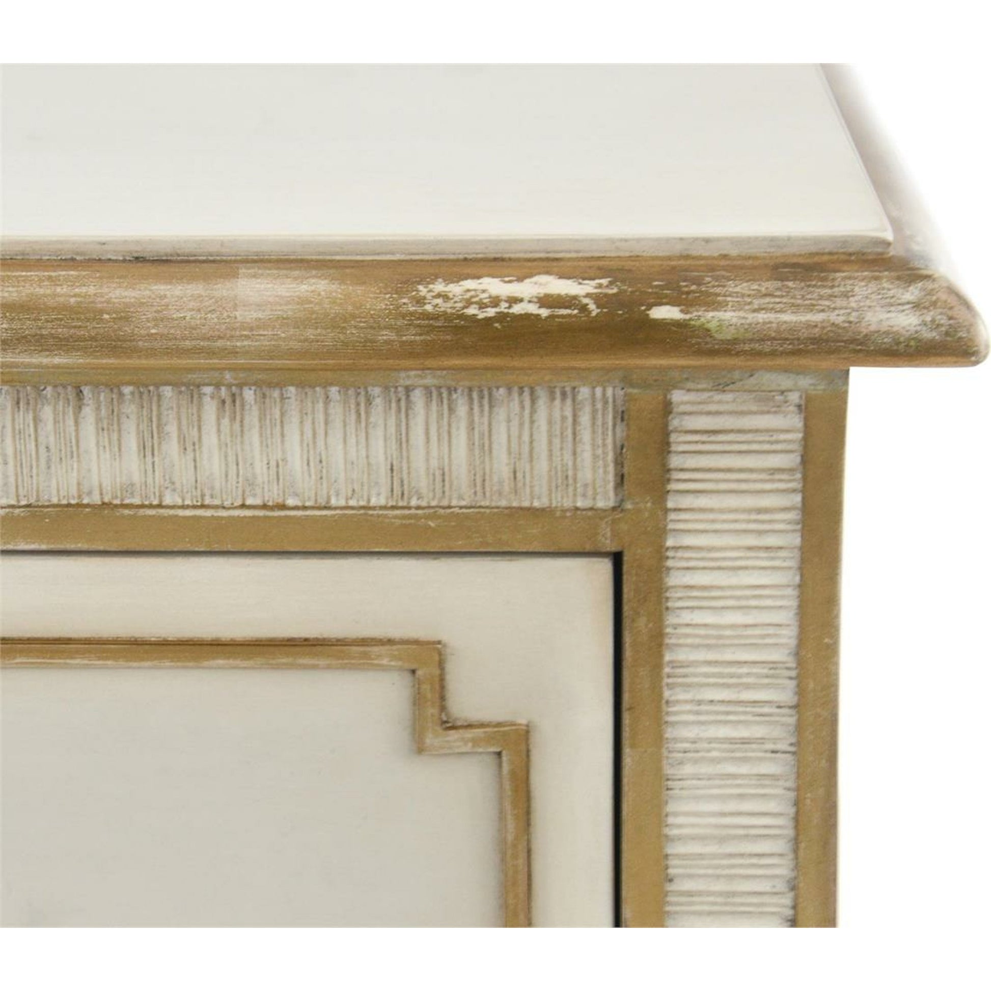 Vallejo Nightstand by John-Richard in beluga, gold and distressed antique beluga, distressed gold. Made from mdf, beech, celtis veneer, steel, resin, soft closing drawer runners in a traditional style.