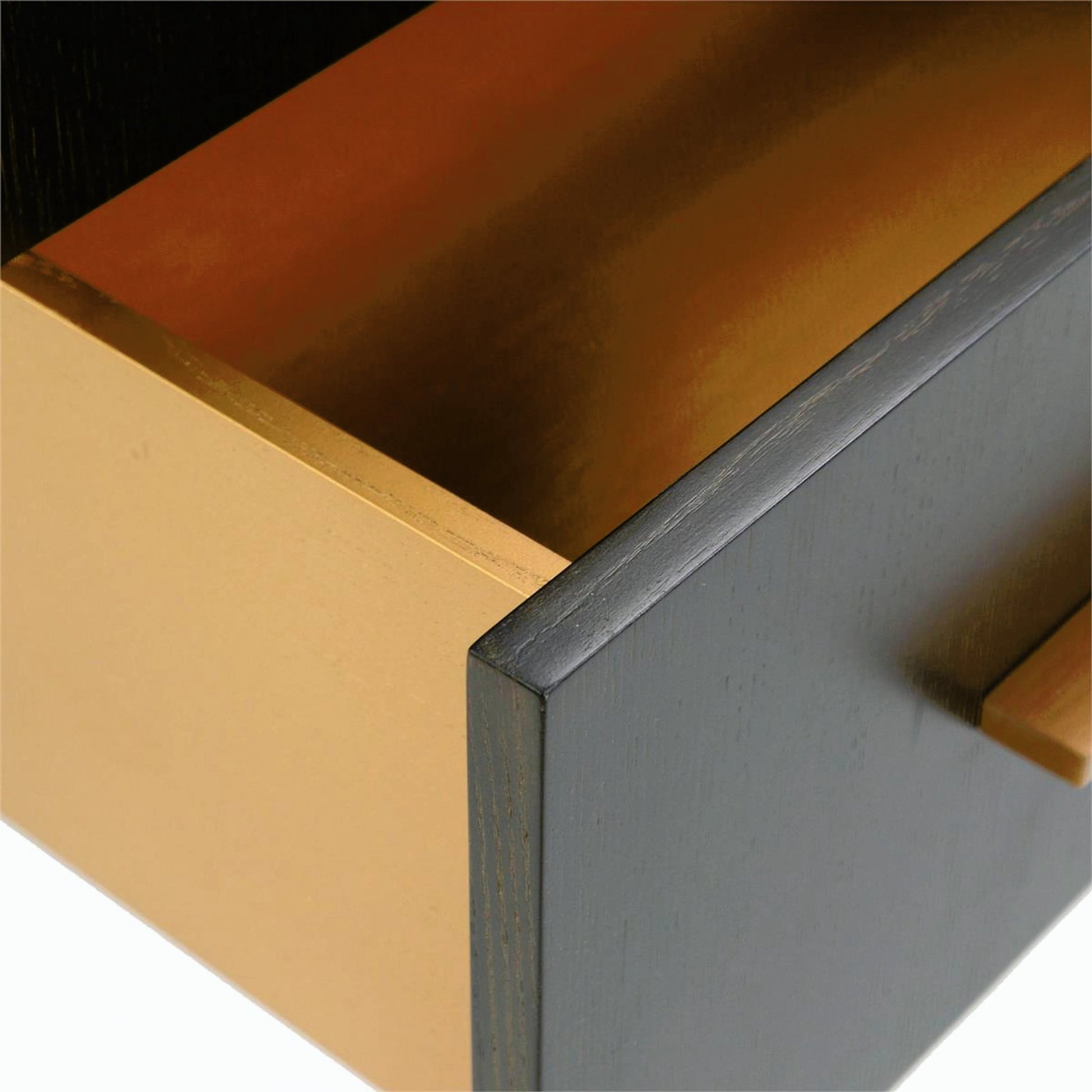 Cordes Chest by John-Richard in ash, black, gold. Made from metal in a transitional style.