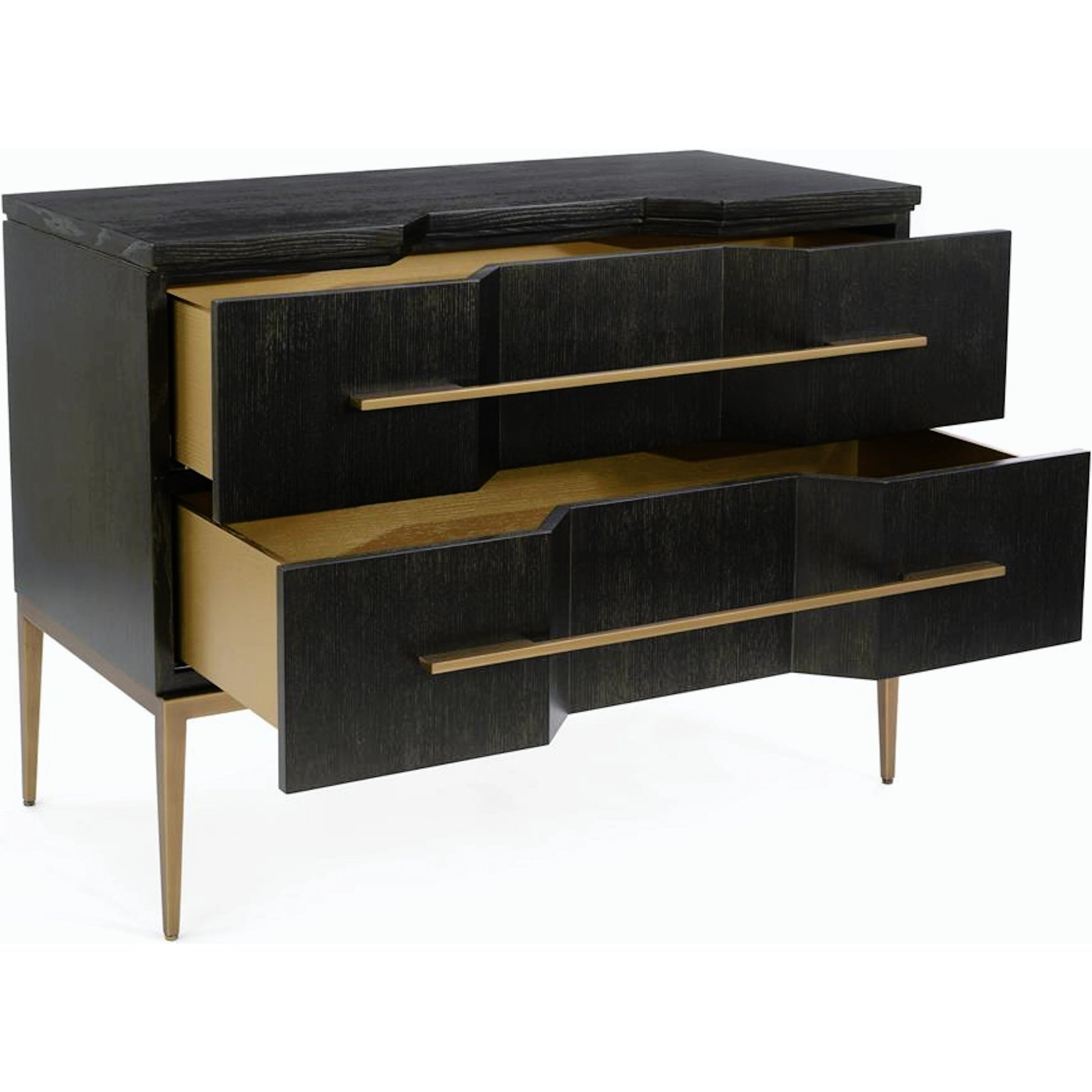 Cordes Chest by John-Richard in ash, black, gold. Made from metal in a transitional style.