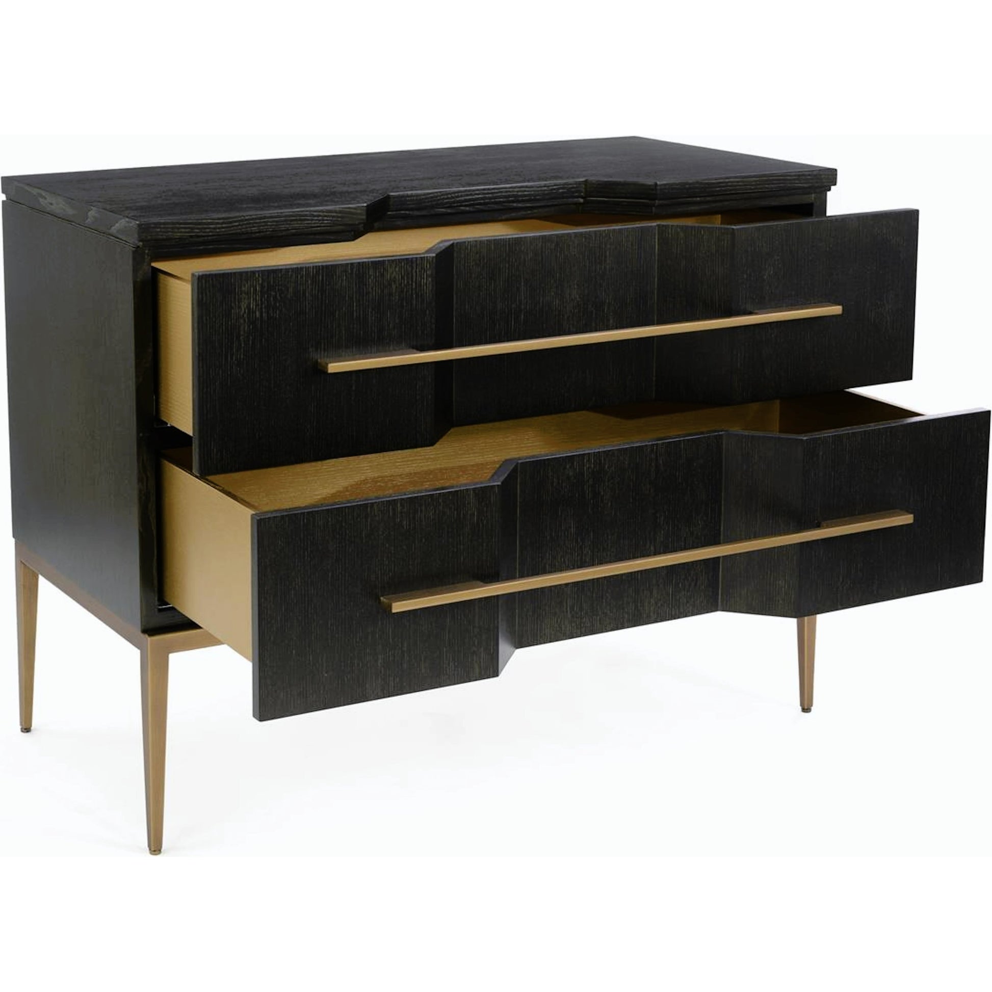 Cordes Chest by John-Richard in ash, black, gold. Made from metal in a transitional style.