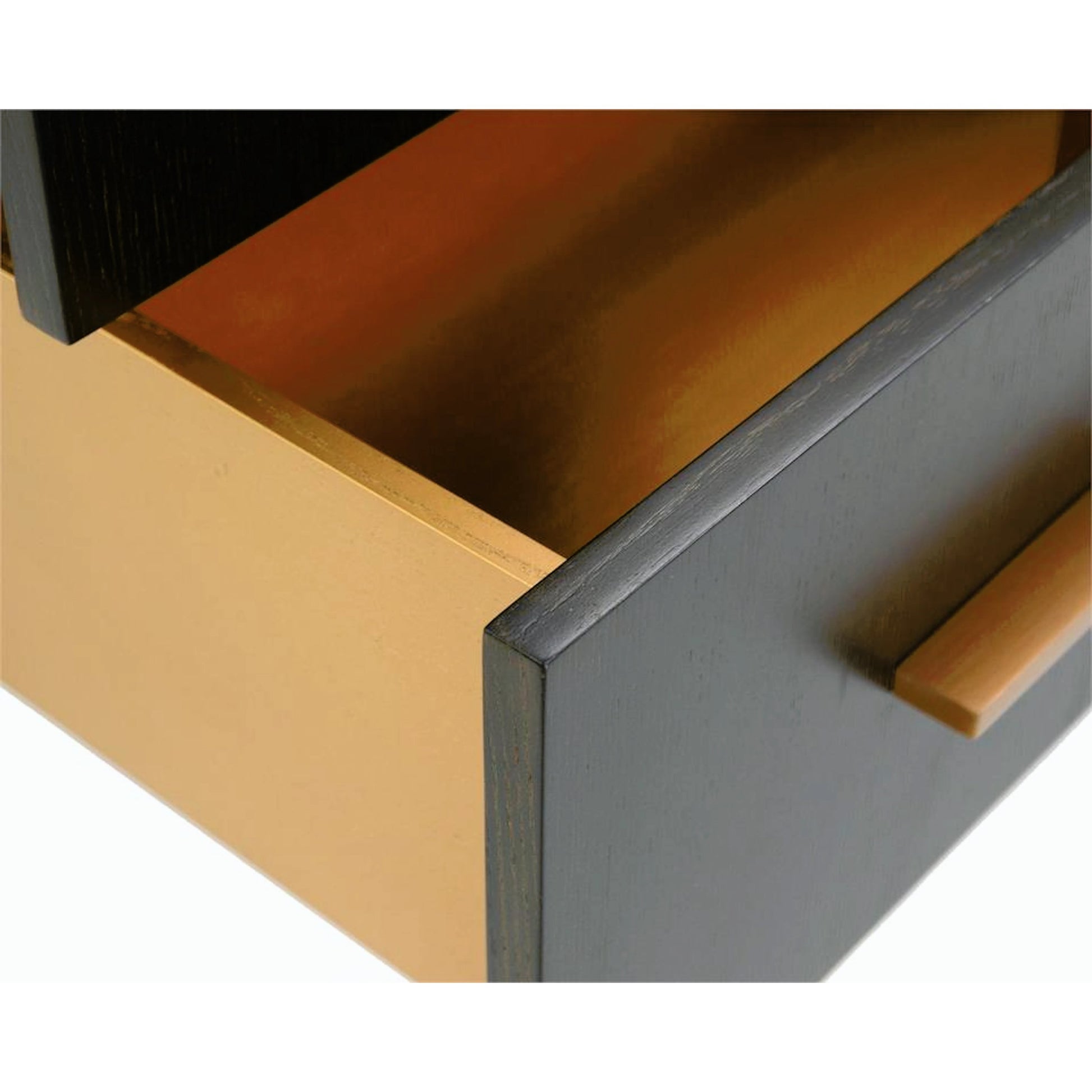 Cordes Chest by John-Richard in ash, black, gold. Made from metal in a transitional style.