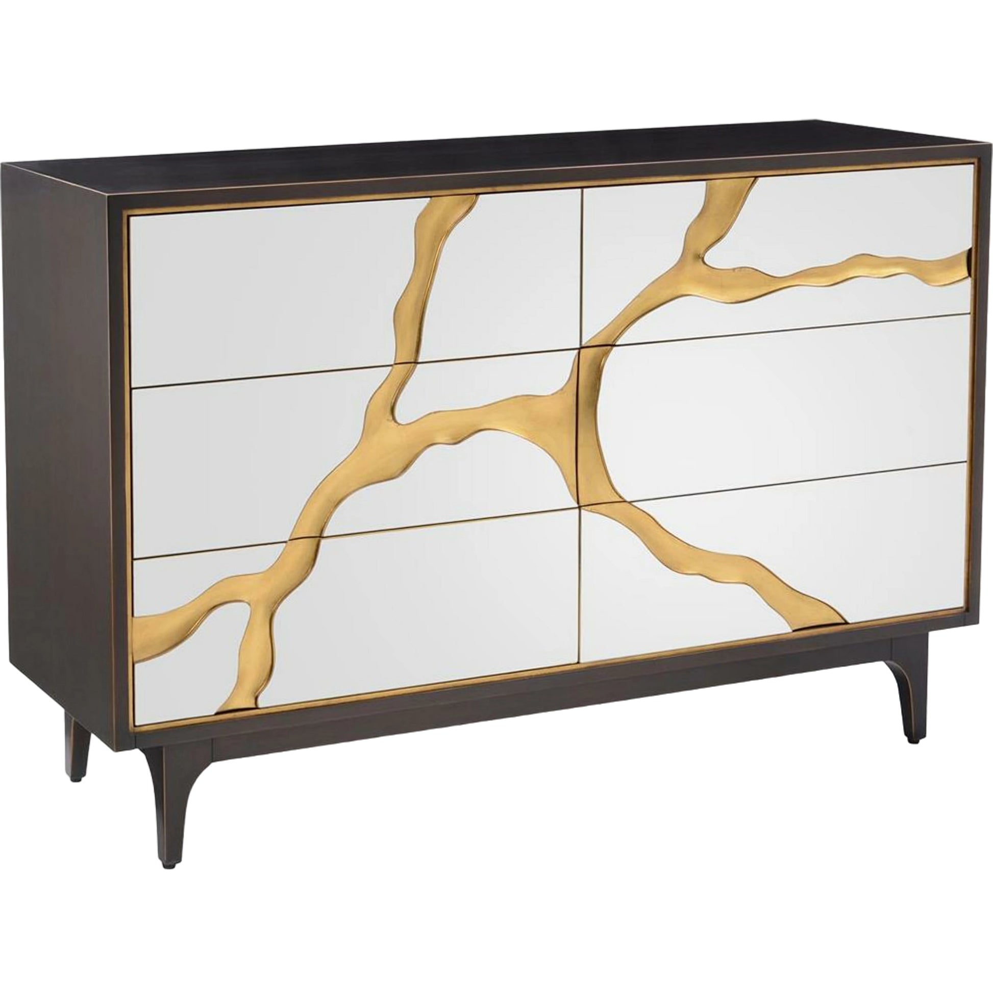 Revne Six-Drawer Chest of Drawers by John-Richard in black and smoked oak, gold. Made from unique in a modern style.