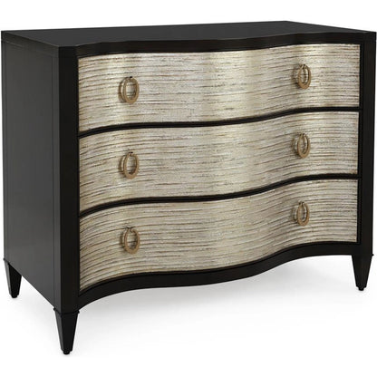 Amira Three-Drawer Chest by John-Richard in black and espresso, striated drawers. Made from wood, steel in a modern style.