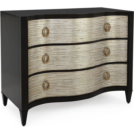 Amira Three-Drawer Chest by John-Richard in black, brown, white brass and espresso, striated drawers. Made from wood, steel in a unique style.
