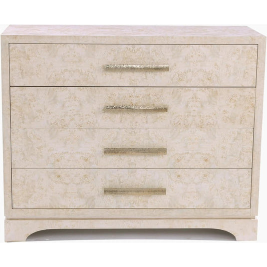 Envoy Four-Drawer Chest by John-Richard in ivory, beige, white brass and canvass. Made from mappa burl, stainless-steel in a unique style.