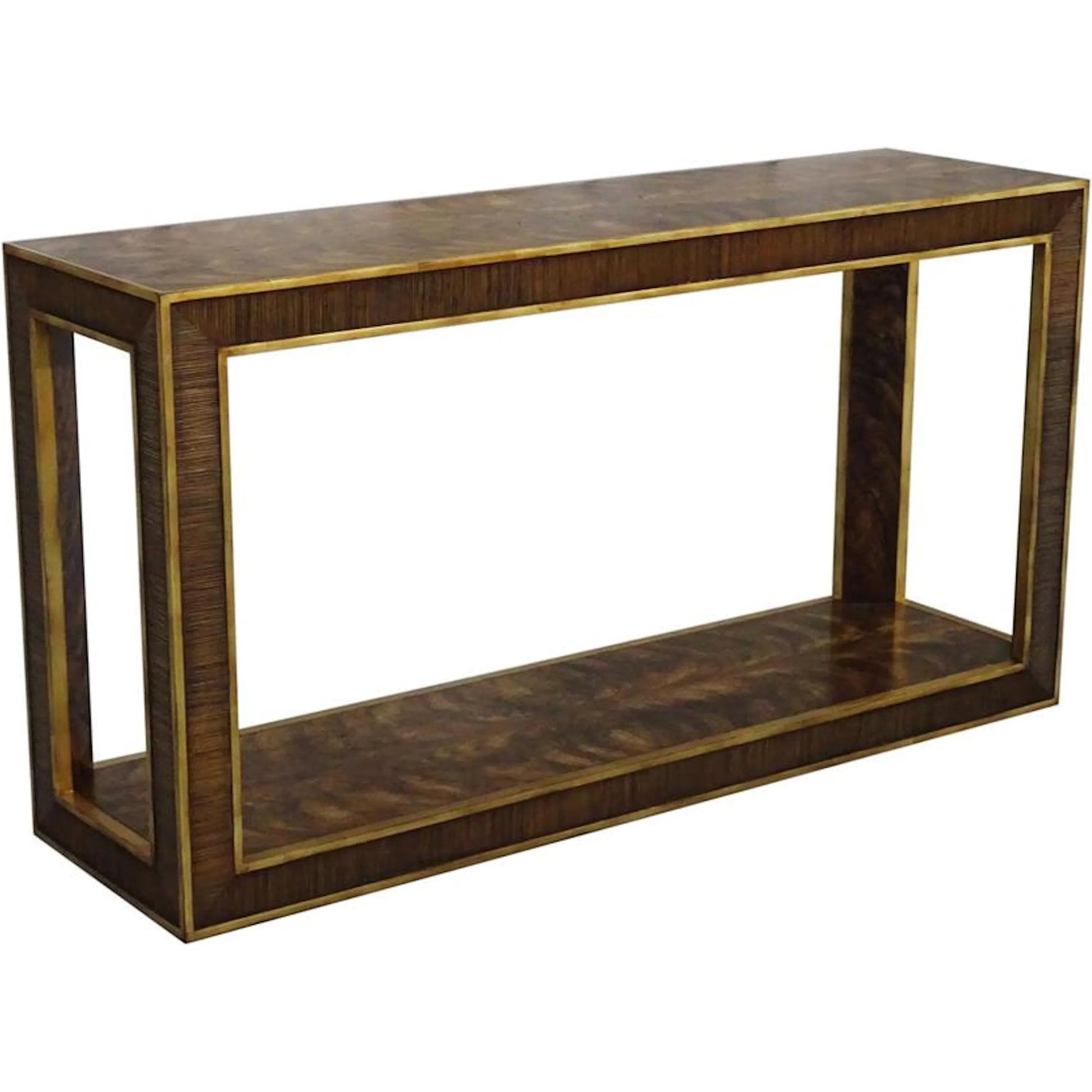 Cadre Console Table by John-Richard in brown, gold and lucerne, distressed gold highlights. Made from zebralli wood in a traditional style.
