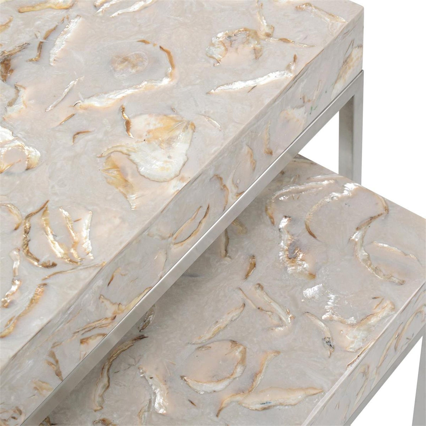 001 SI-1903191 | Closeup | Botta Nesting Side Tables by John-Richard in capiz shell. Made from unique in a coastal style.